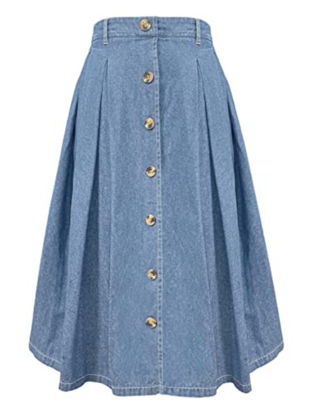 Midi Skirt Elastic Waist Button Front A-Line Flared with Pockets Cotton Blend